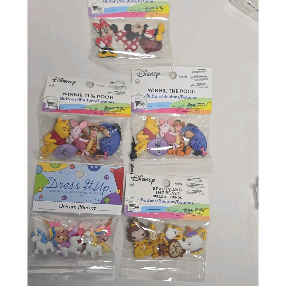 Dress It Up Disney Character Buttons Lot of 5 Mickey Pooh Beauty Beast Unicorn